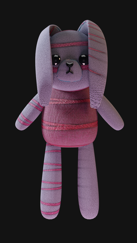 a 3d render of a stylised bunny teddy, with canvas texture in light grey purple and pink and black beady eyes.