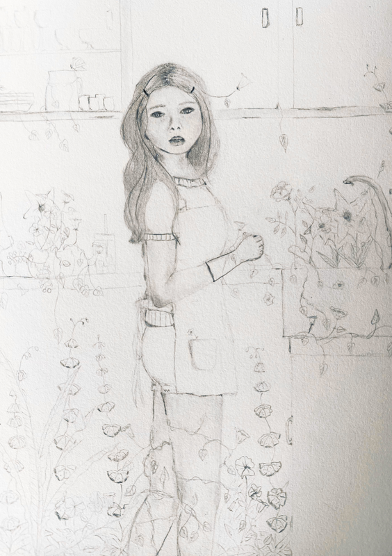 Graphite drawing of a girl standing in a kitchen surrounded by trailing flowers