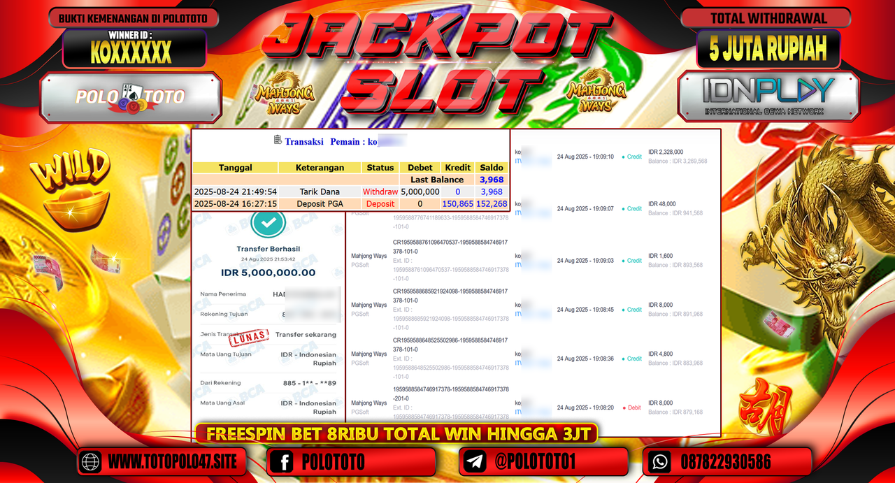 POLOTOTO JACKPOT SLOT MAHJONG WAYS Rp.5.000.000,-