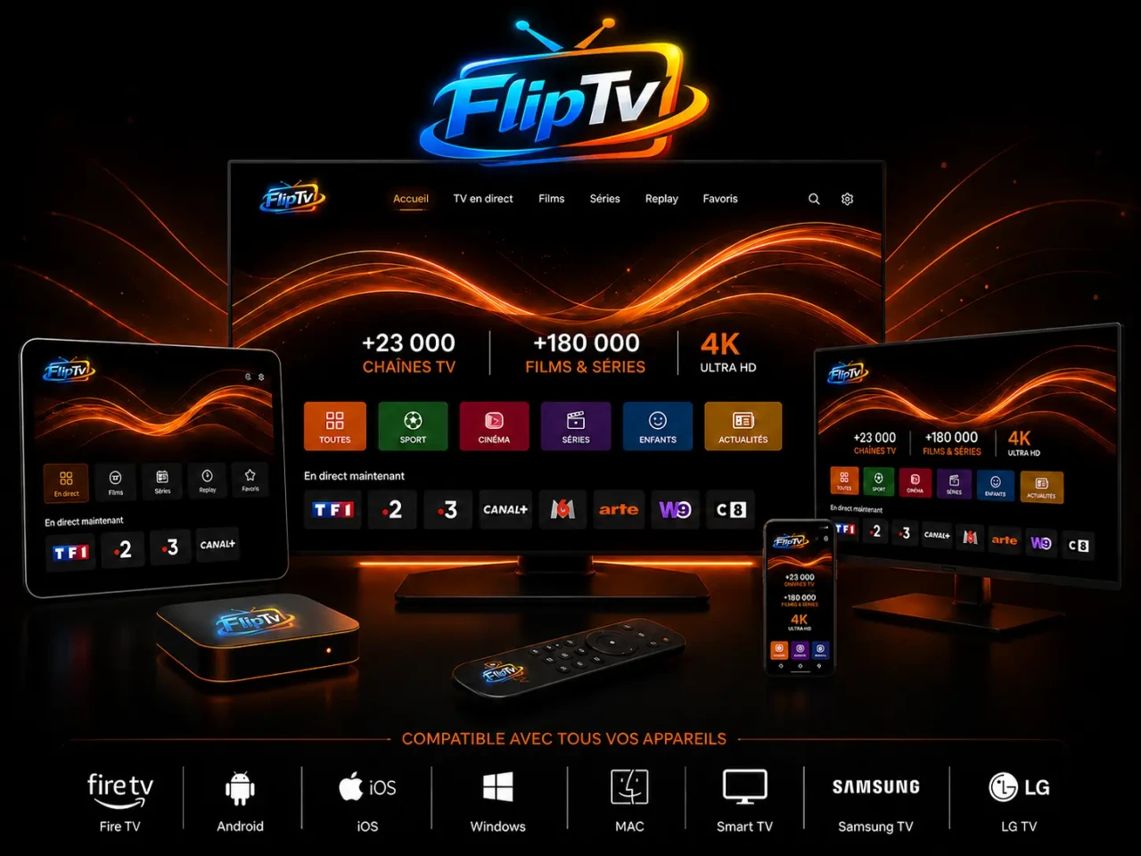FlipTv sur Smart TV, tablette, smartphone et appareils compatibles