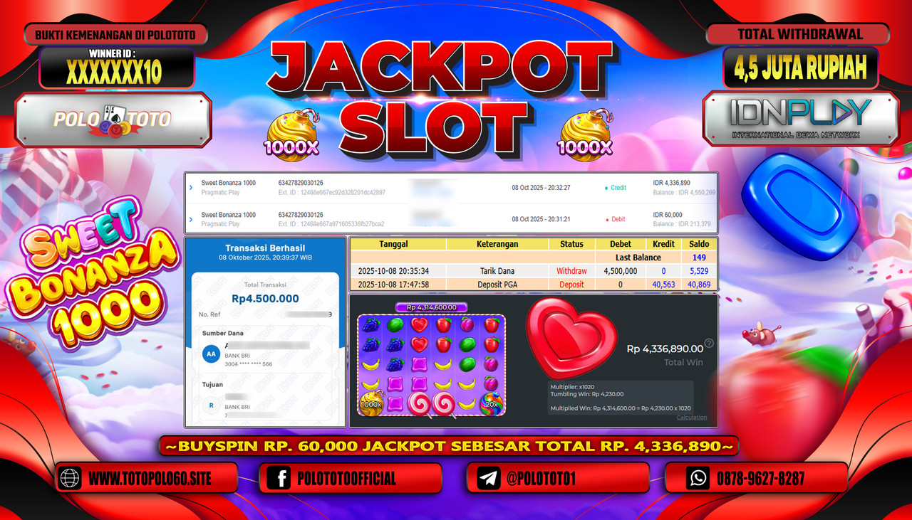 POLOTOTO JACKPOT SLOT SWEET BONANZA 1000 Rp.4.500.000,- LUNAS
