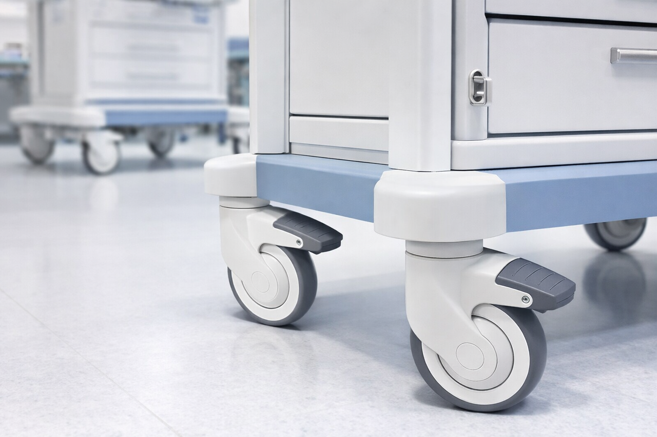 Medical caster used on hospital equipment