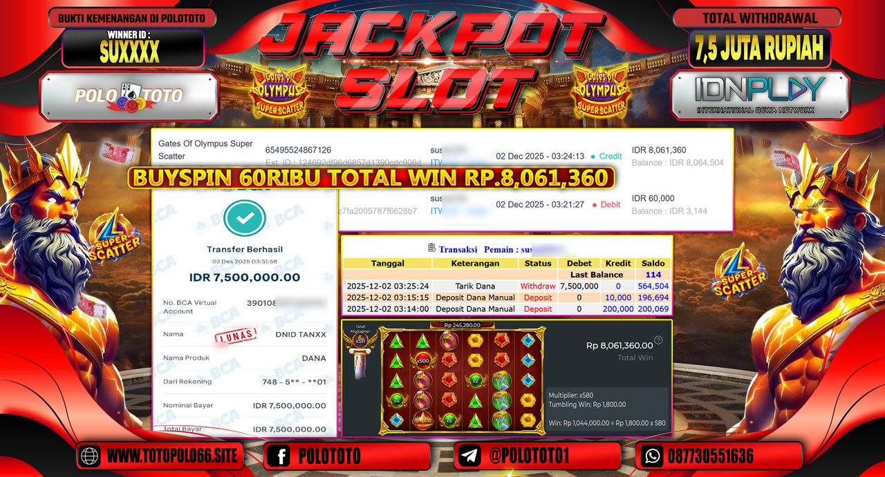POLOTOTO JACKPOT SLOT GATES OF OLYMPUS SUPER SCATTER Rp.7.500.000,- LUNAS