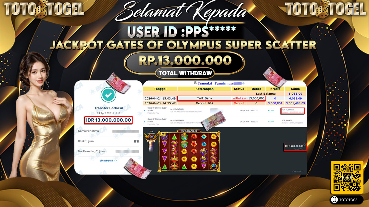 Bukti Pembayaran Jackpot Permainan Slot Gates Of Olympus Super Scatter ID:PPS*****LUNAS