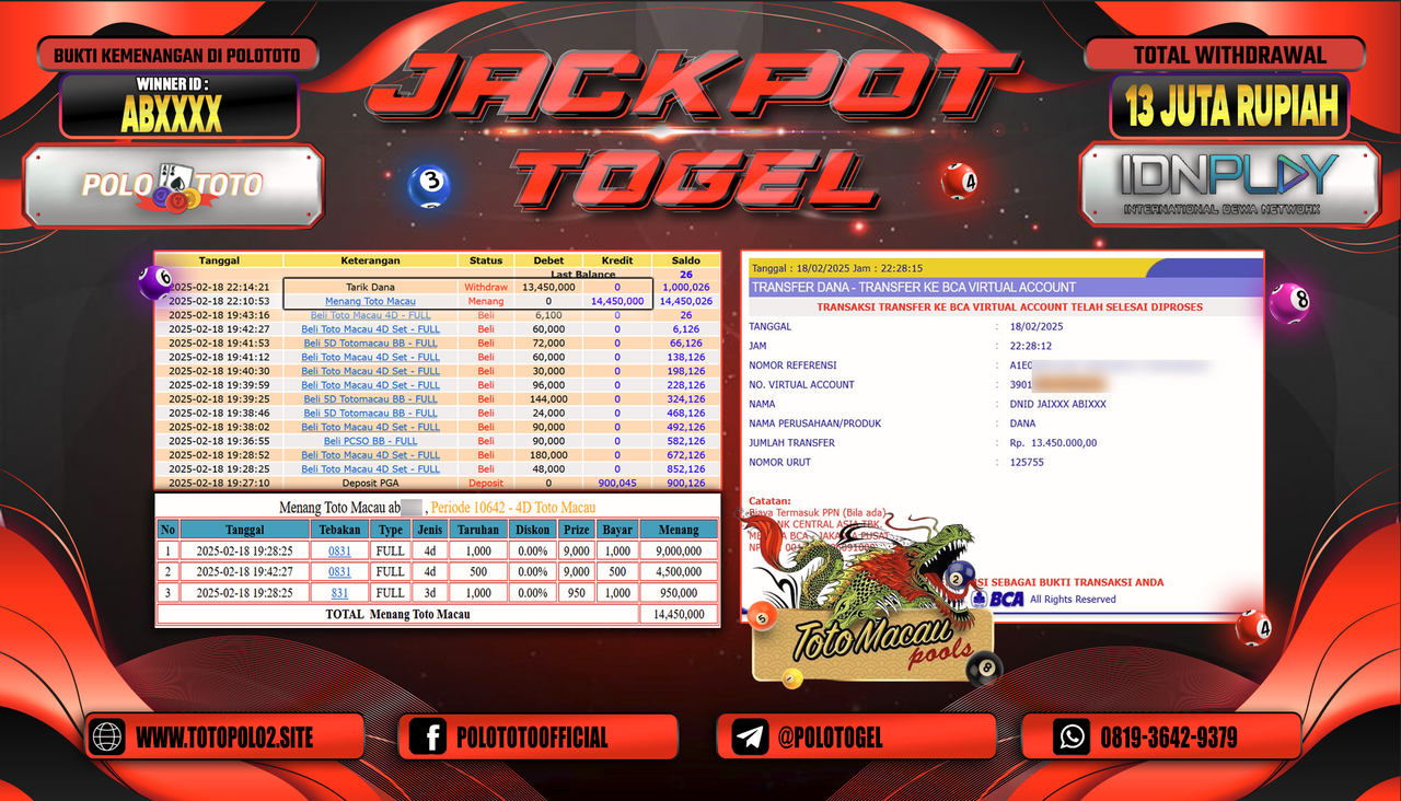 POLOTOTO JACKPOT TOGEL TOTO MACAU Rp.13.450.000,-