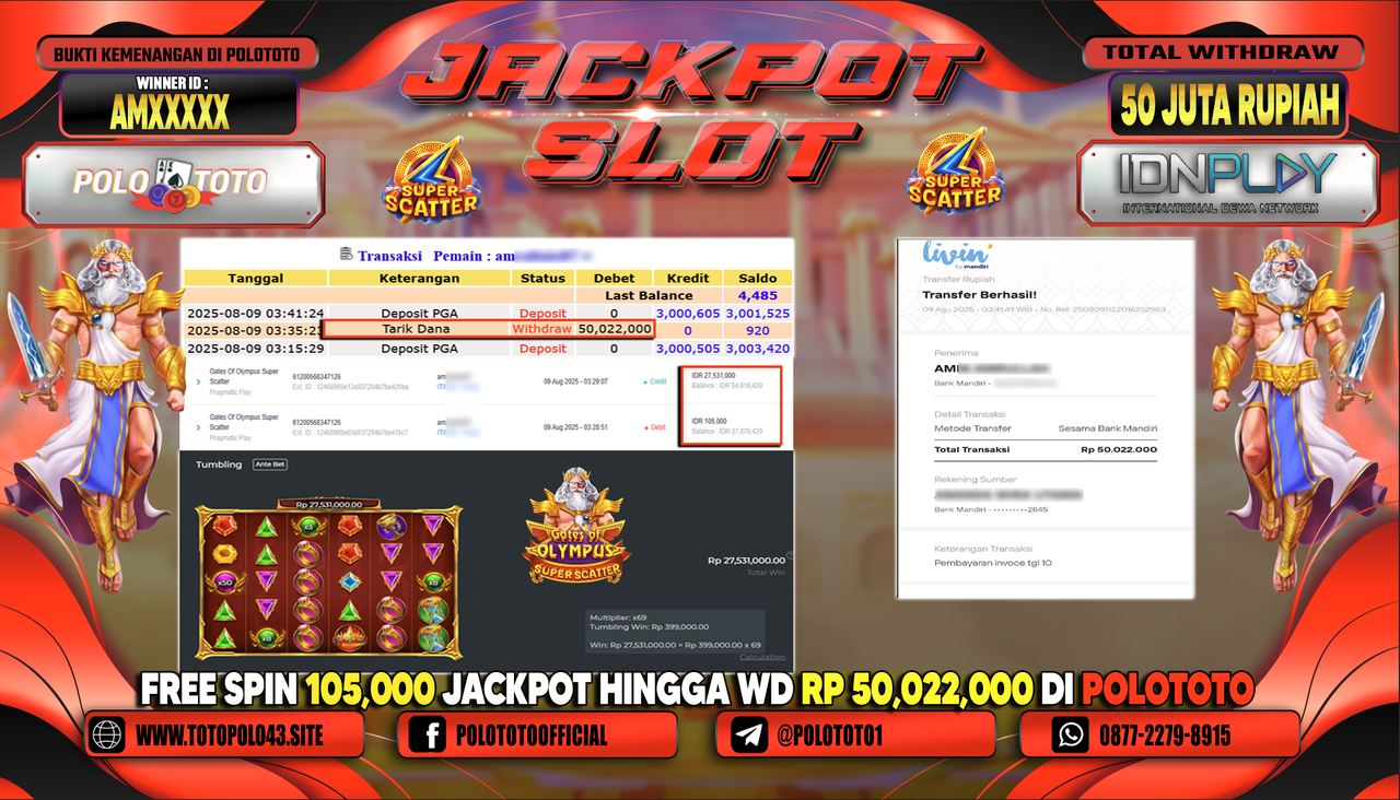 POLOTOTO JACKPOT SLOT GATES OF OLYMPUS SUPER SCATTER Rp.50.000.000,-LUNAS