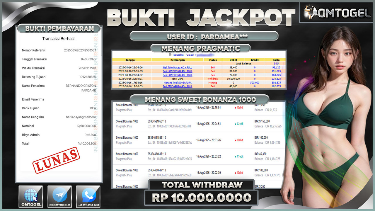 OMTOGEL JACKPOT PRAGMATIC PLAY SWEET BONANZA 1000 10 JUTA DI BAYAR LUNAS ,-