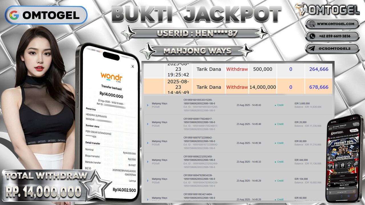 OMTOGEL JACKPOT PGSOFT MAHJONG WAYS 14 JUTA DI BAYAR LUNAS ,-