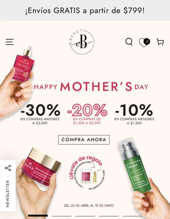 Ebeauty: 10% OFF en compra mín de $1500, 20% en compras de $1501 a $2999 y 30% en compras mayores a $3000 
