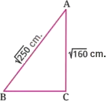 A right-angled triangle ABC with angle C being 90 degrees. The length of side AC is the square root of 160 cm, and the length of the hypotenuse AB is the square root of 250 cm.