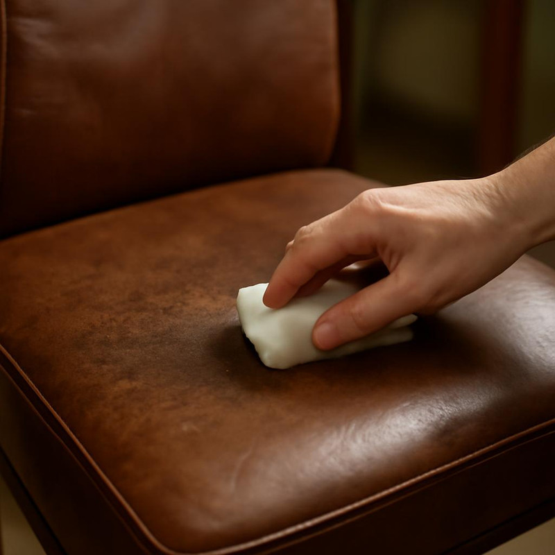 Процесс очистки кожаного стула от грязи