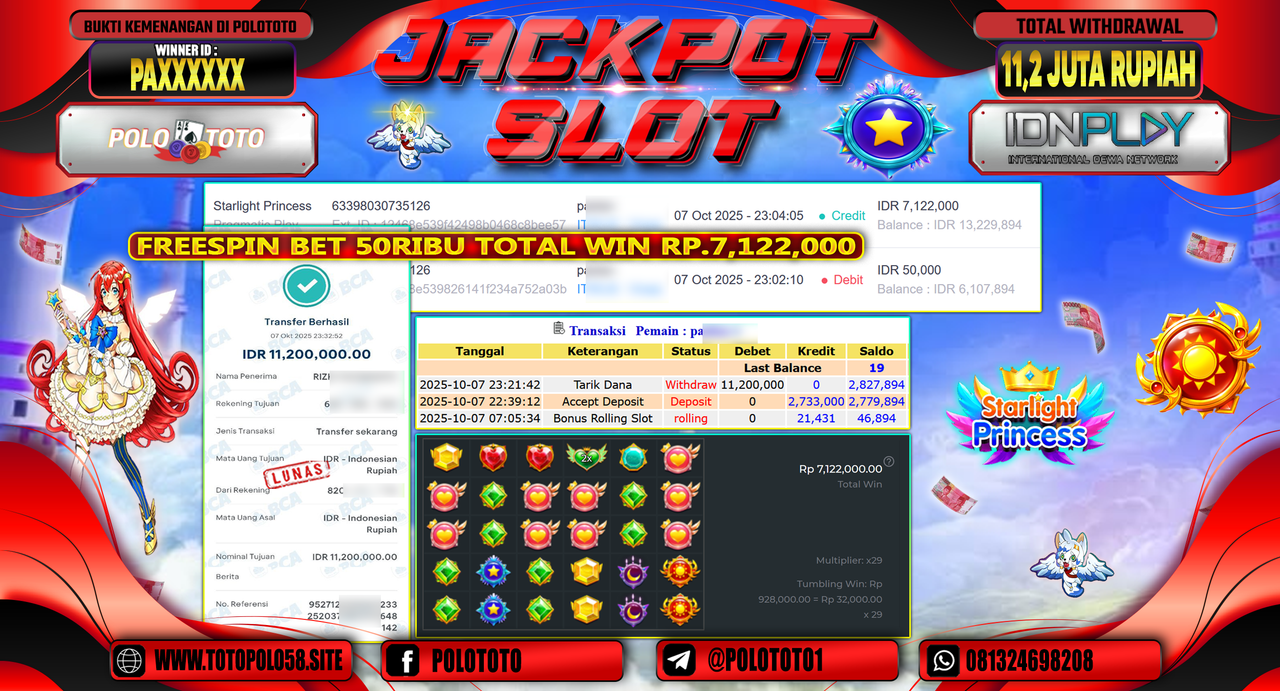 POLOTOTO JACKPOT SLOT STARLIGHT PRINCESS Rp.11.200.000,- LUNAS