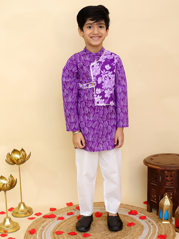 Cotton Leaf Printed Kurta Pyjama Set Full sleeves Kurta Pajama Set For Boys - Picture 12 of 27