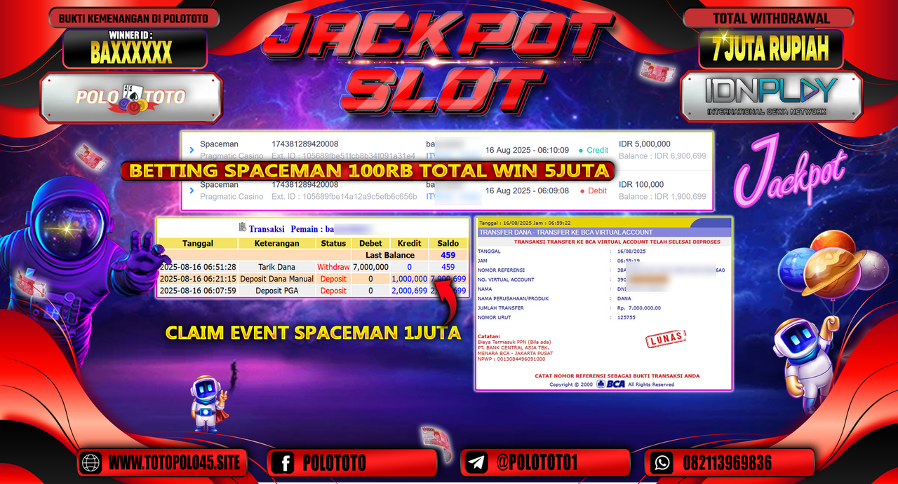 POLOTOTO JACKPOT SLOT SPACEMAN Rp.7.000.000,-