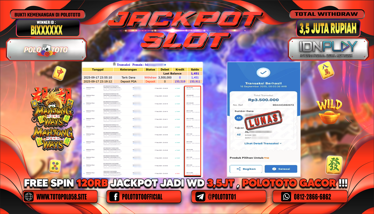 POLOTOTO JACKPOT SLOT MAHJONG WAYS Rp.3.500.000,-