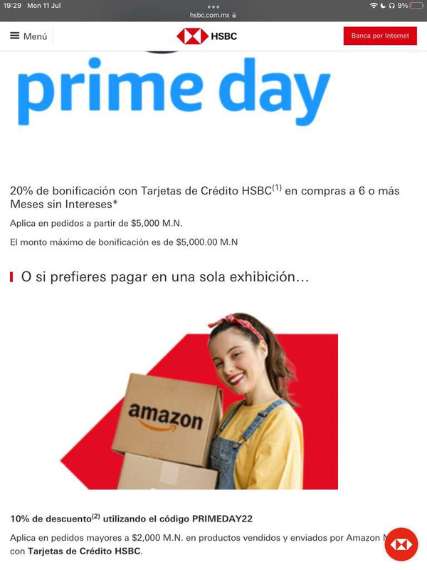 HSBC 20% de bonificación en compras en prime day a partir de 6 meses o código para 10% descuento en compras en una exhibición 
