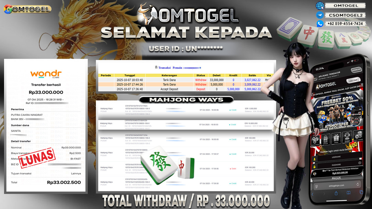 OMTOGEL JACKPOT PGSOFT MAHJONG WAYS 33 JUTA DI BAYAR LUNAS ,-