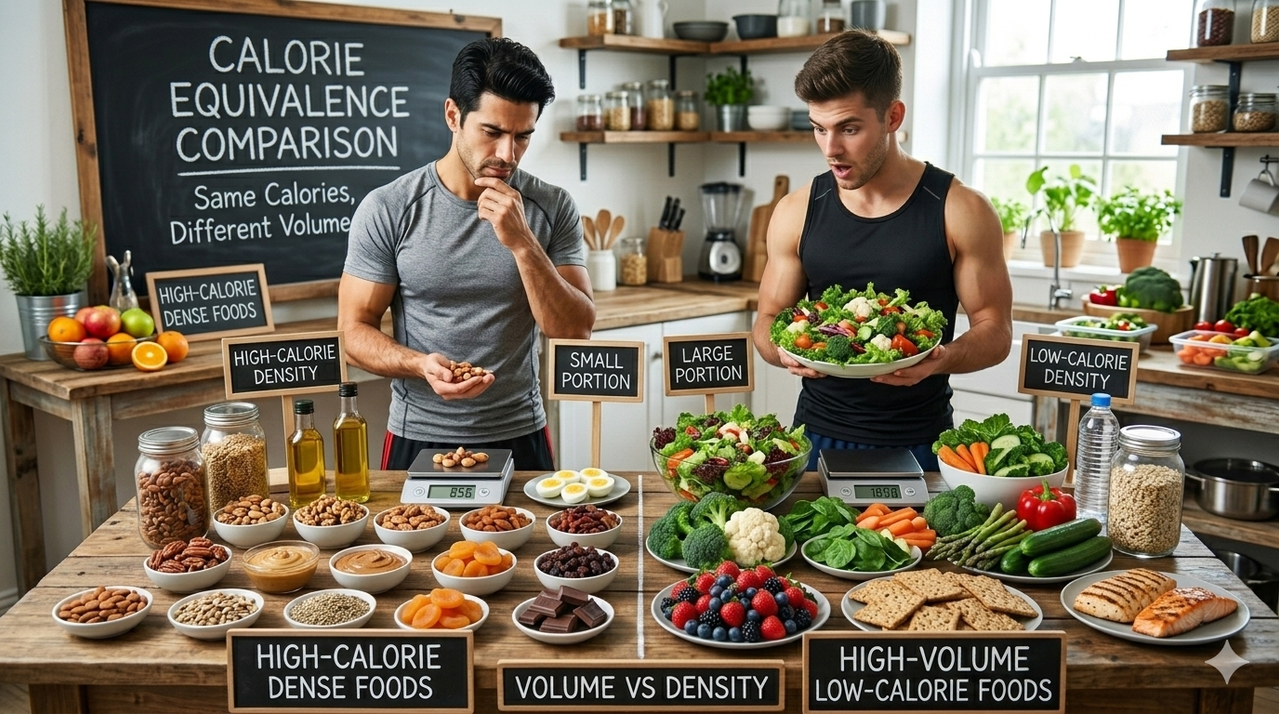 Comparison of high-calorie dense foods vs high-volume low-calorie foods showing portion sizes for same calories for best high-volume low-calorie foods for cutting