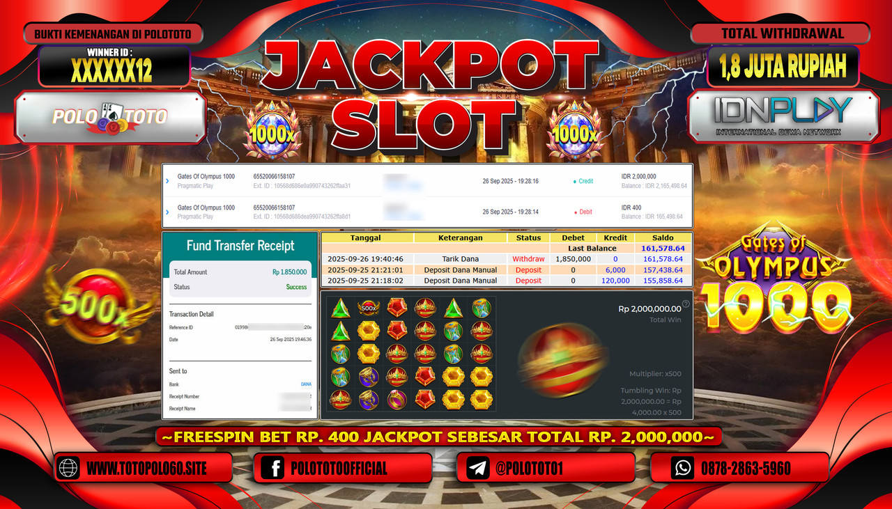 POLOTOTO JACKPOT SLOT GATES OF OLYMPUS 1000 Rp.1.800.000,- LUNAS