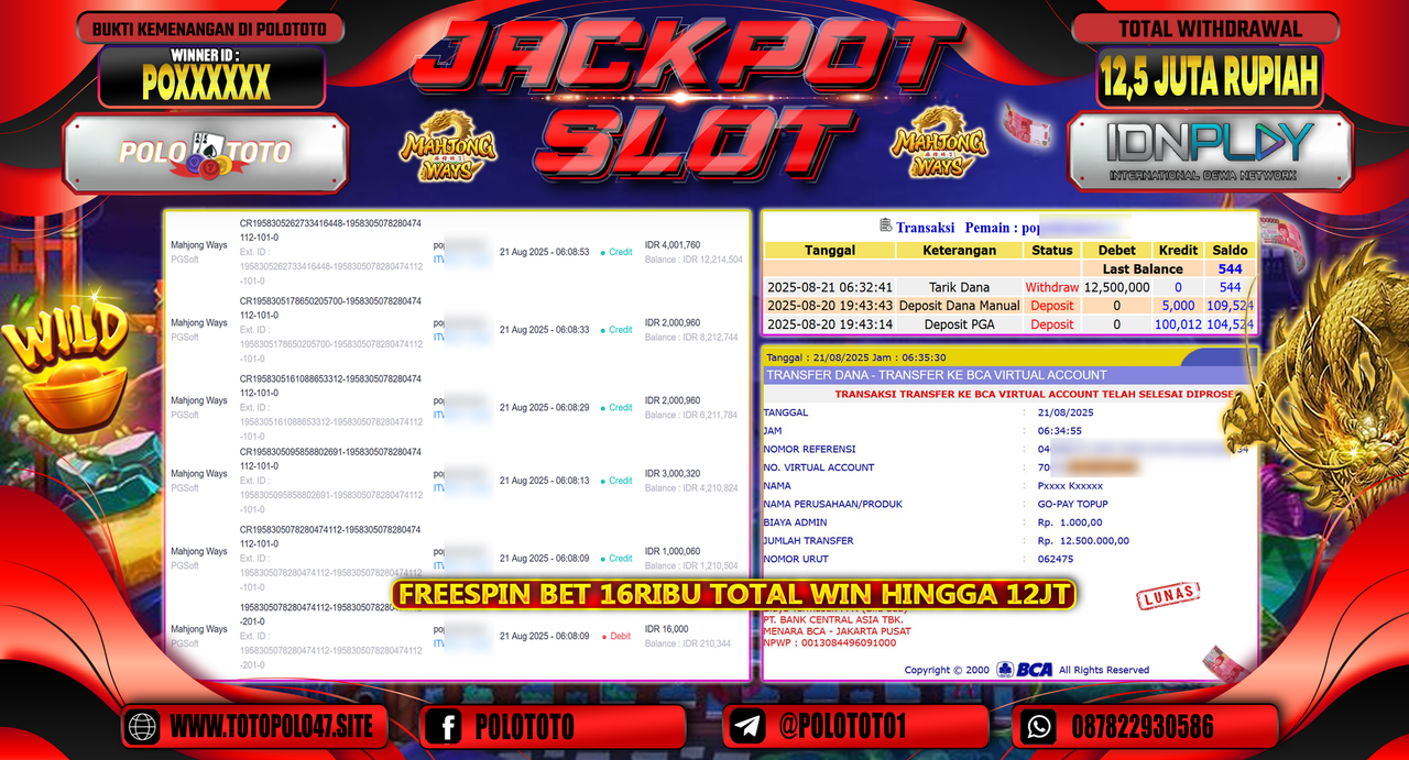 POLOTOTO JACKPOT SLOT MAHJONG WAYS Rp.12.500.000,-