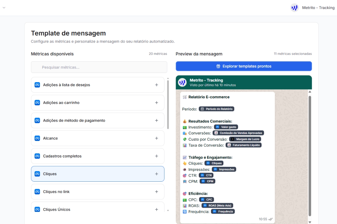 Exemplo de relatório enviado por WhatsApp pela plataforma Metrito with métricas de performance