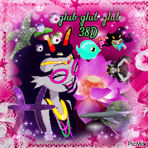 a gif of feferi peixes giggling at fish surrounding her. a lotus is in the pink background and a border surrounds the gif with a picmix watermark on the bottom right corner