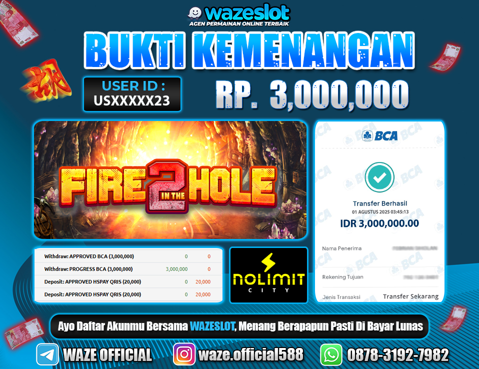 BUKTI KEMENANGAN 1 AGUSTUS 2025 GAME  FIRE 2 HOLE ( NOLIMIT CITY )