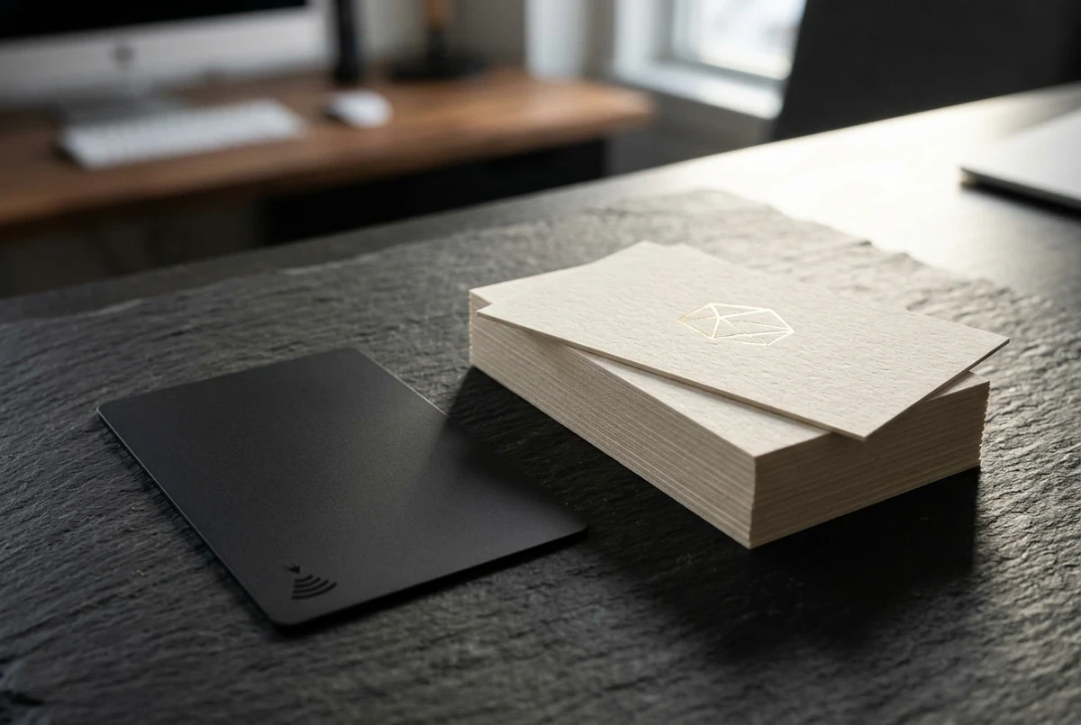 NFC business card next to a stack of printed paper business cards