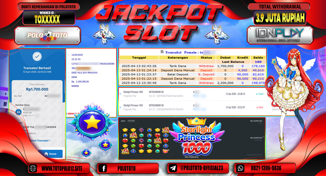 POLOTOTO JACKPOT SLOT STARLIGT PRINCESS 1000 Rp.3.900.000,- LUNAS