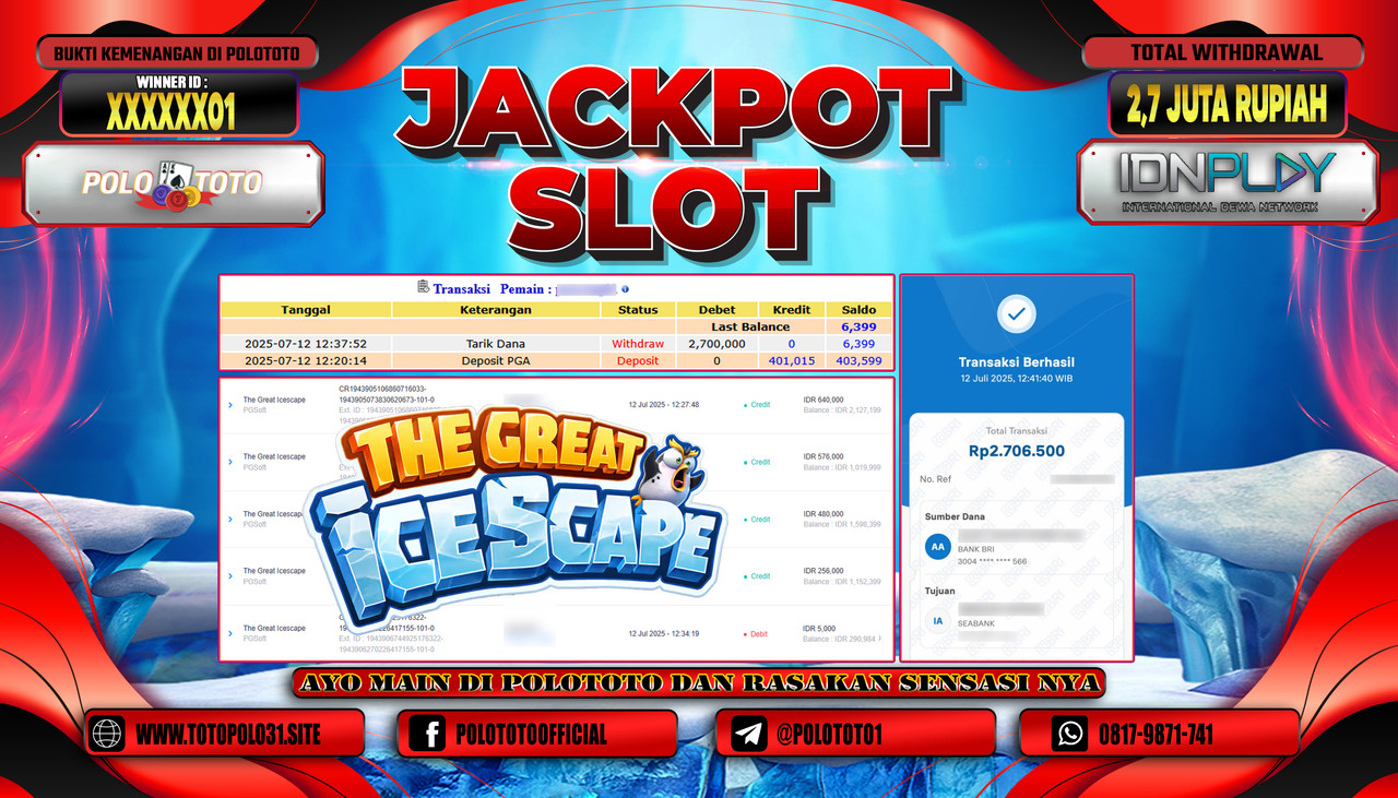POLOTOTO JACKPOT SLOT THE GREAT ICESCAPE Rp.2.700.000,- LUNAS