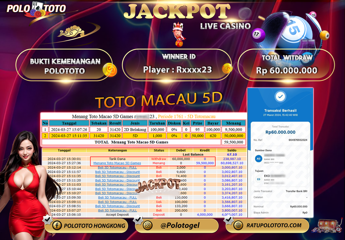 POLOTOTO JACKPOT LIVE GAME TOTO 5D MACAU Rp. 60.000.000,- LUNAS