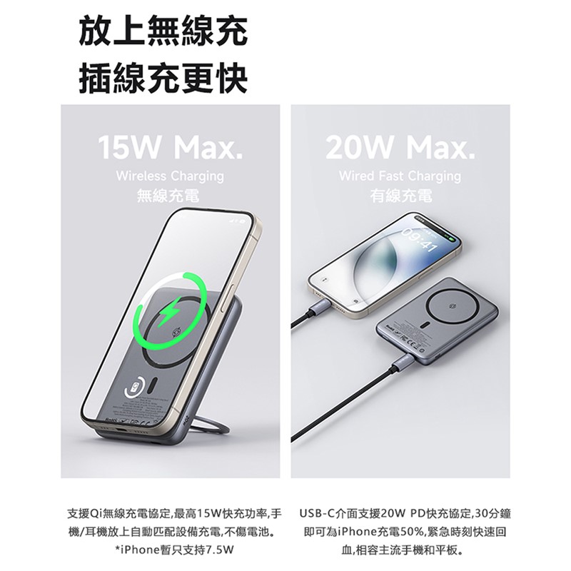 放上無線充插線充更快15W Max.Wireless Charging無線充電20W Max.Wired Fast Charging有線充電09:41支援Qi無線充電協定,最高15W快充功率手機/耳機放上自動匹配設備充電,不傷電池。*iPhone只支持7.5WUSB-C介面支援20W PD快充協定,30分鐘即可為iPhone充電50%,紧急時刻快速回血,相容主流手機和平板。