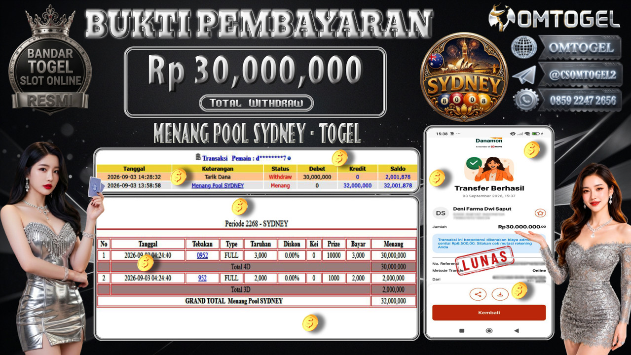 OMTOGEL JACKPOT MENANG TOGEL SYDNEY Rp.30,000,000,- DIBAYAR LUNAS 