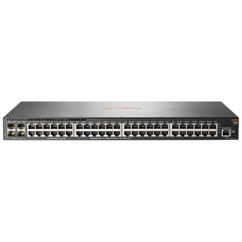 Vista frontal do Switch HP Aruba 2930F 48G PoE+ 4SFP (JL254A), destacando as portas Gigabit PoE+ e os slots SFP.