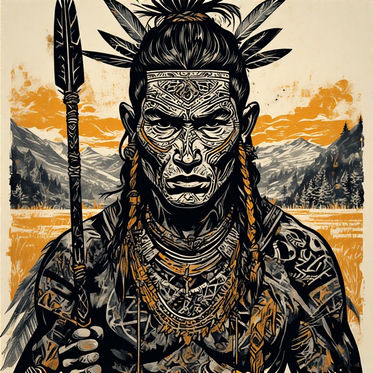 A-tribal-warrior-in-woodcut-st-4