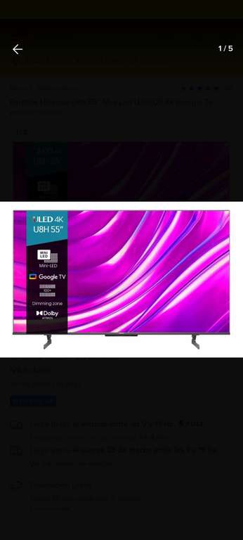 Mercado Libre: Pantalla Hisense U8h 55'' Mini Led Uled U8 4k Google TV con TDC Banorte digital 
