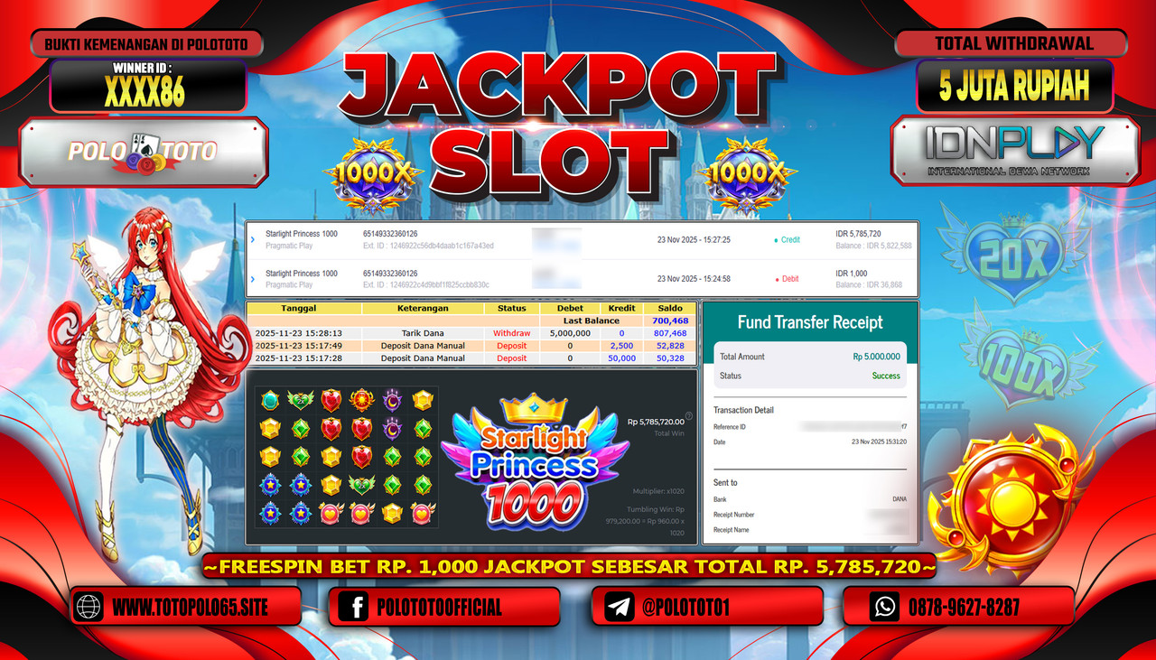 POLOTOTO JACKPOT SLOT STARLIGHT PRINCESS 1000 Rp.5.000.000,- LUNAS