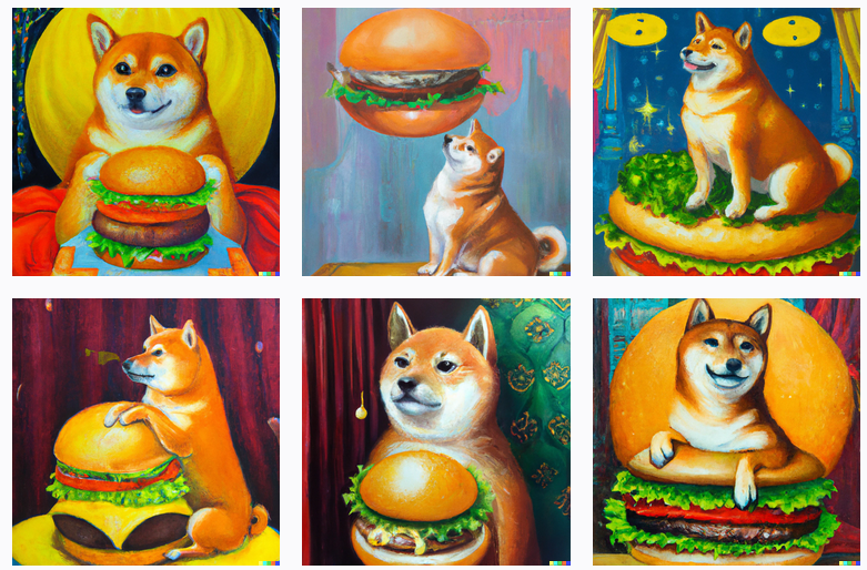 a fortune-telling shiba inu reading your fate in a giant hamburger, oil painting