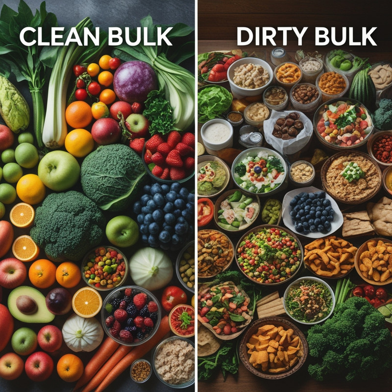 Clean bulking food choices showing lean proteins complex carbs and vegetables for muscle growth