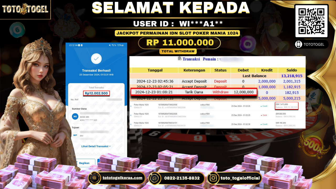 Bukti Pembayaran Jackpot  Permainan Idn Slot Poker Mania 1024 : WI***A1** LUNAS