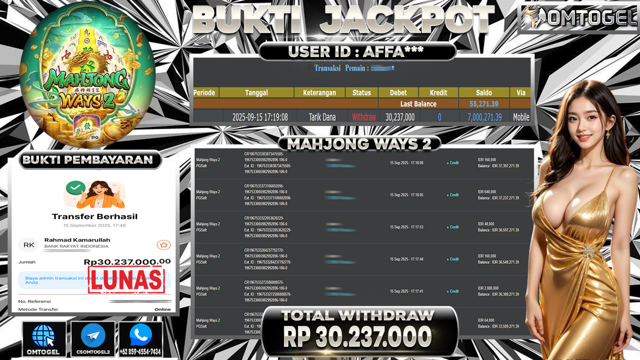 OMTOGEL JACKPOT PGSOFT MAHJONG WAYS 2 30 JUTA DI BAYAR LUNAS ,-