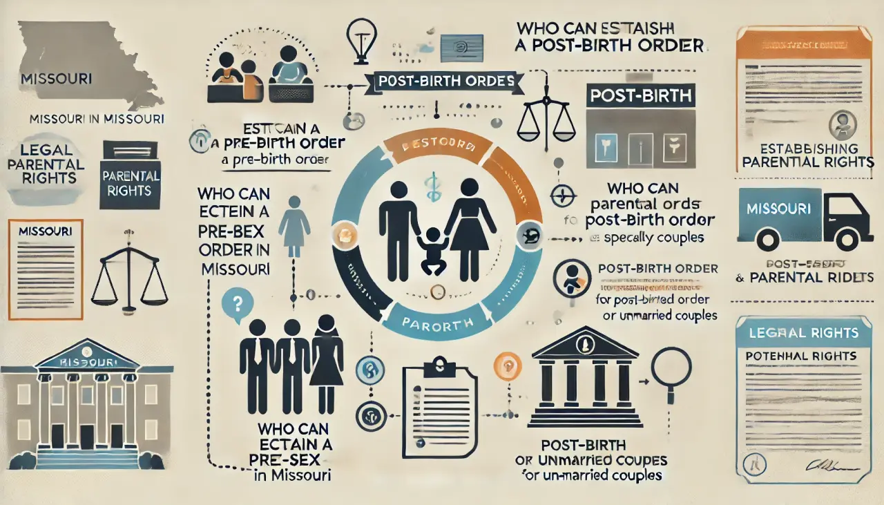 Infographic explaining parental rights and post-birth orders in Missouri surrogacy, including steps for establishing legal parentage after birth.