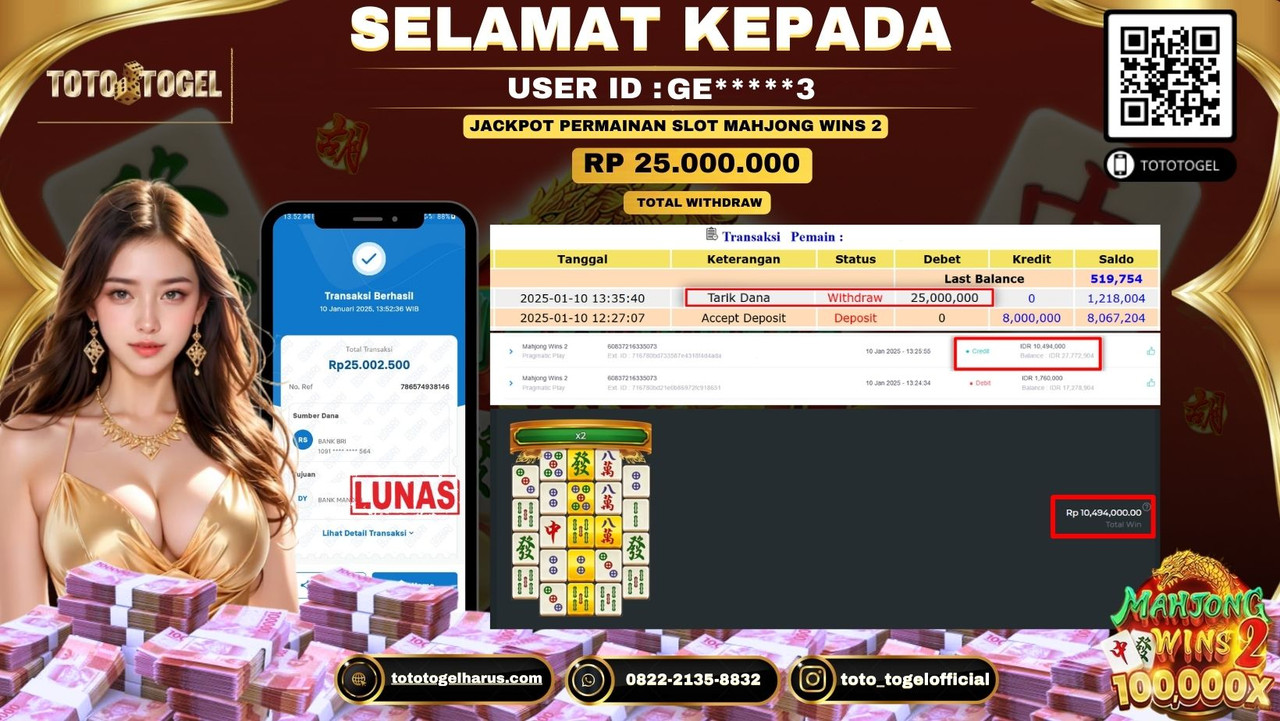 Bukti Pembayaran Jackpot  Permainan Slot Mahjong Wins 2 : GE****3 LUNAS
