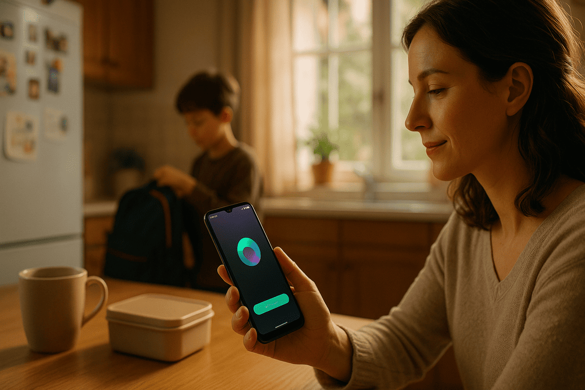 Мама устанавливает Spotify на Android утром на кухне, рядом ребёнок собирает вещи