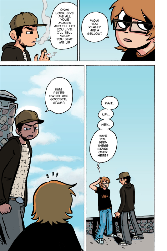 a scott pilgrim panel edit of various emo band members. patrick stump is scott and gabe saporta is lucas. panel 1: gabe says 'okay, look. give me all your money, and i'll let you live. i'll tell mikey you beat me up.' panel 2: patrick says 'wow, you really are a sellout' panel 3: gabe says 'kiss pete's sweet ass goodbye, stump.' panel 4: patrick says 'wait... um... hey... have you seen these stairs over here?'