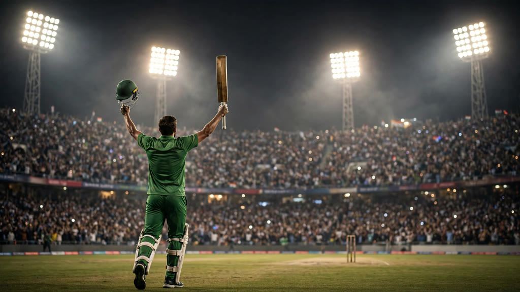 Salman Agha raises his bat to the Rawalpindi crowd after scoring a century for Pakistan against Sri Lanka (illustrative AI image)