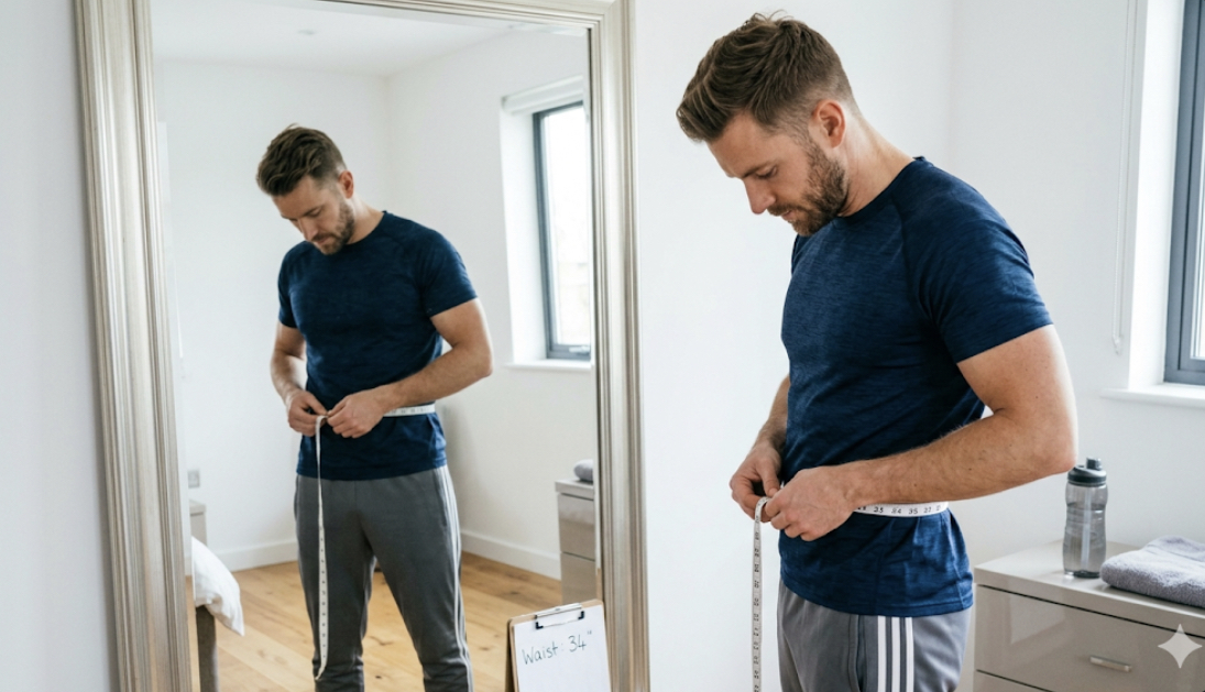 Close-up of measuring tape around waist showing measurement, demonstrating how to track fat loss progress using body measurements