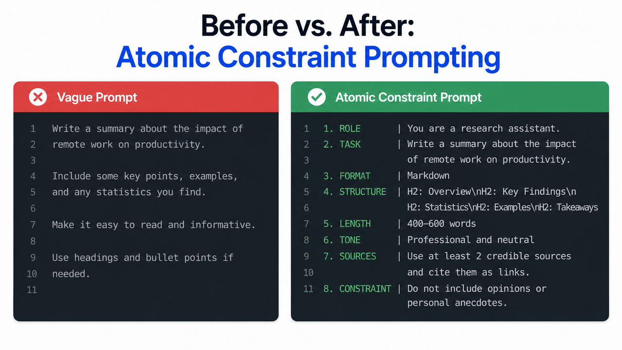 Before vs after atomic constraint prompting for open source LLM best prompt adherence