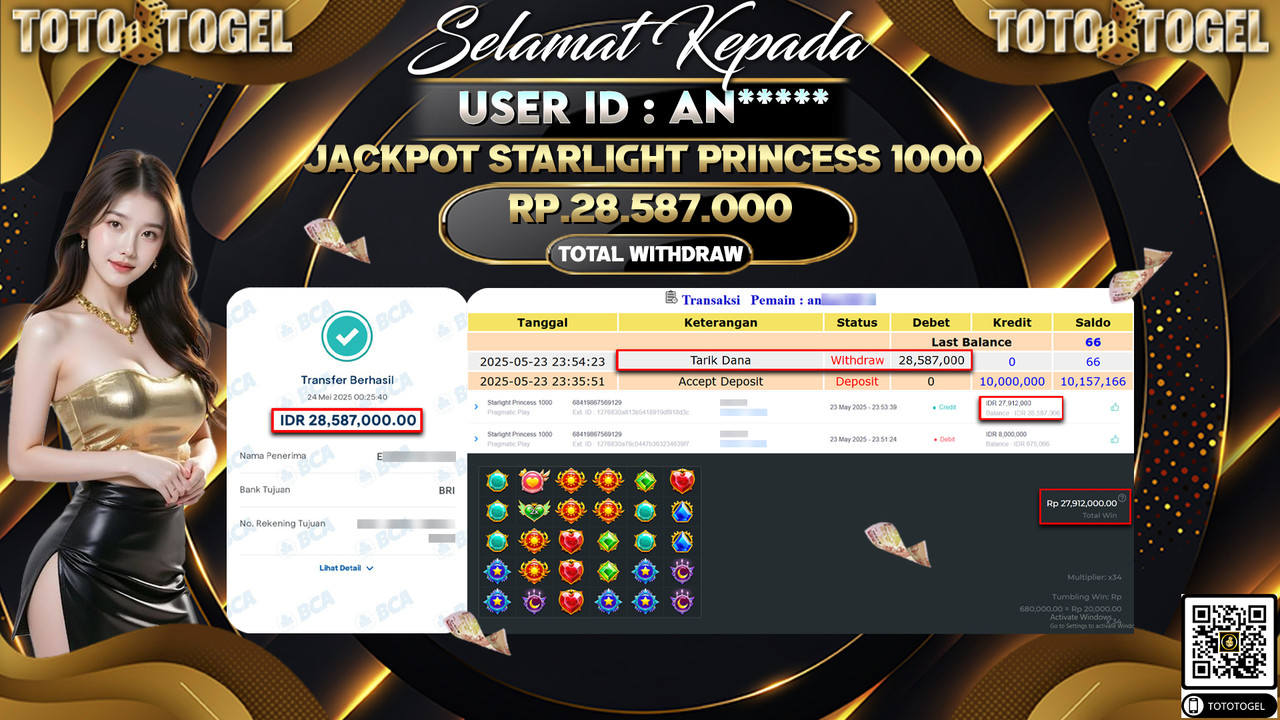 Bukti Pembayaran Jackpot Permainan Slot Starlight Princess 1000 ID:AN***** LUNAS
