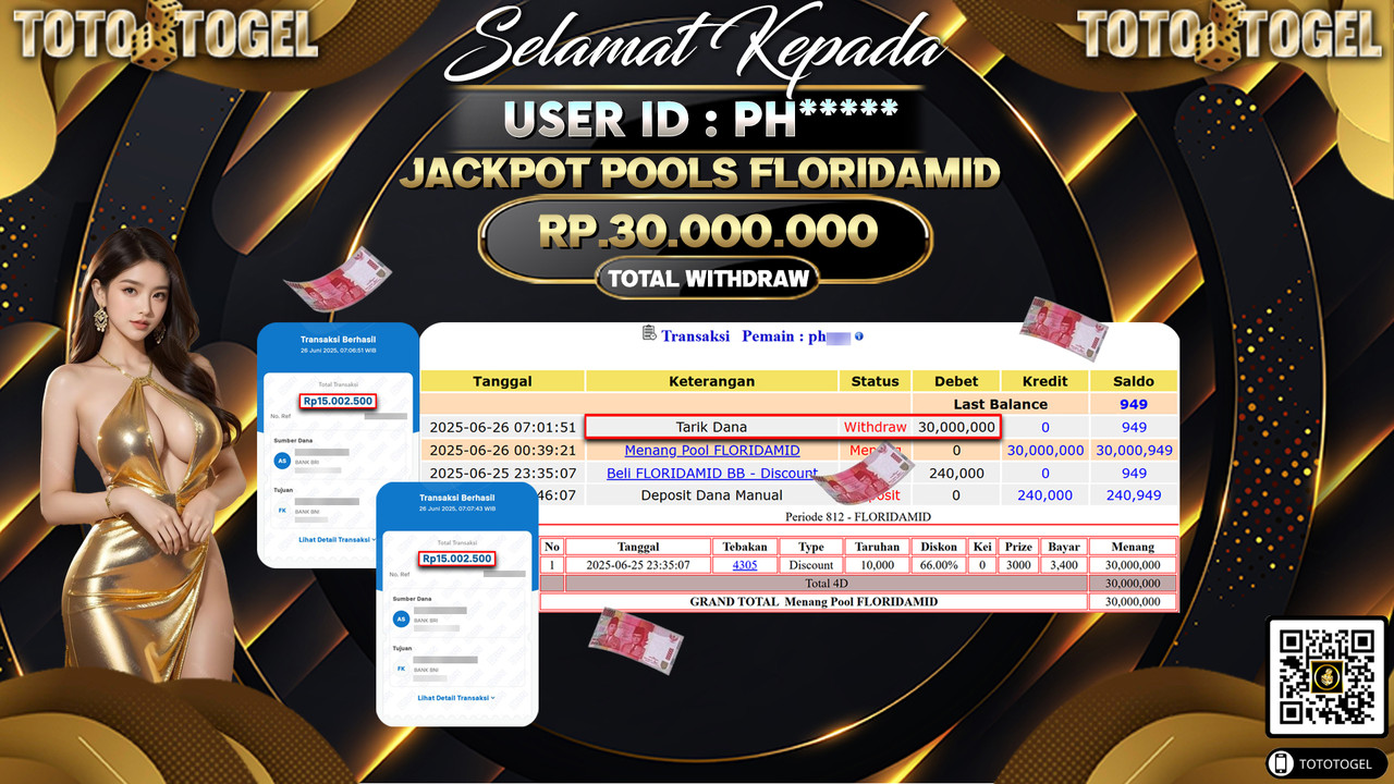 Bukti Pembayaran Jackpot Permainan Togel Pools Floridamid ID:PH***** LUNAS
